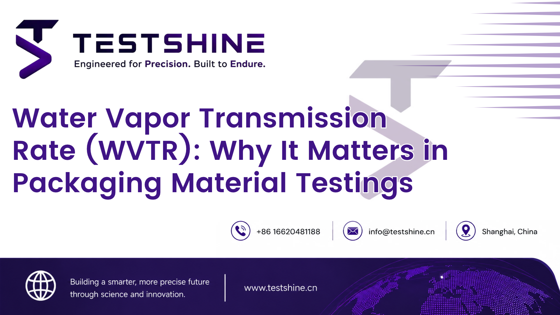 Testshine banner graphic on Water Vapor Transmission Rate (WVTR) testing across food, pharmaceutical, electronics, construction and industrial packaging.